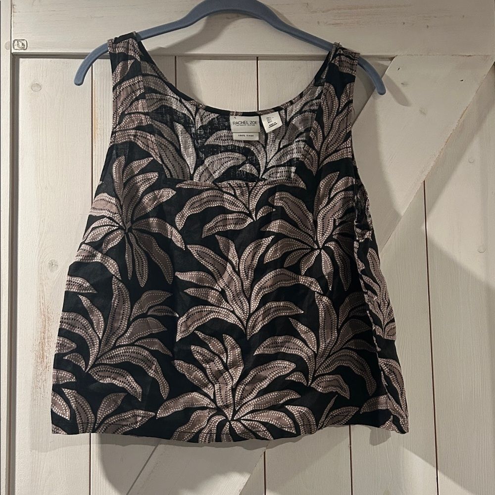 Rachel Zoe 100% Linen Black Floral Leaf Print Cropped Tank Top NWT Size Large